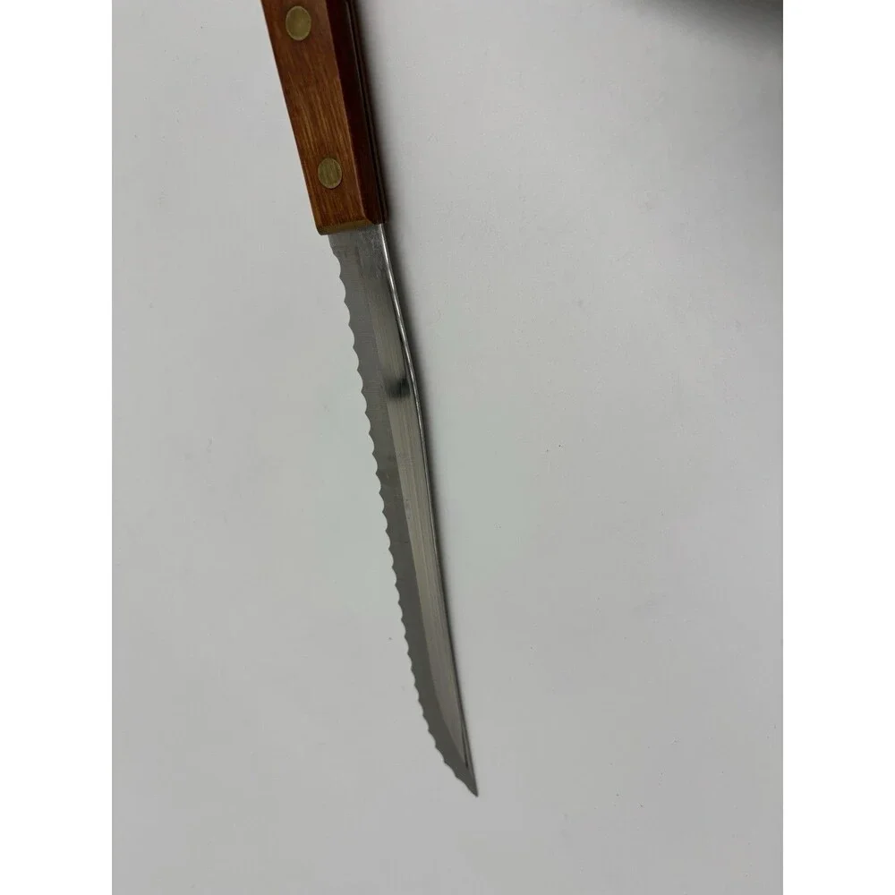 Vtg 12” Robinson Knife Co Slicer Carver Serrated Knife Wood Handle Brass Rivets